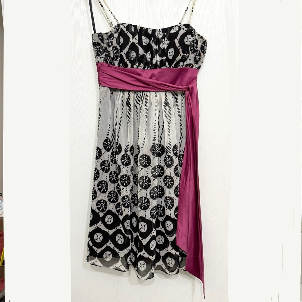 Max & Cleo Black and White Printed Midi Dress with Magenta Sash